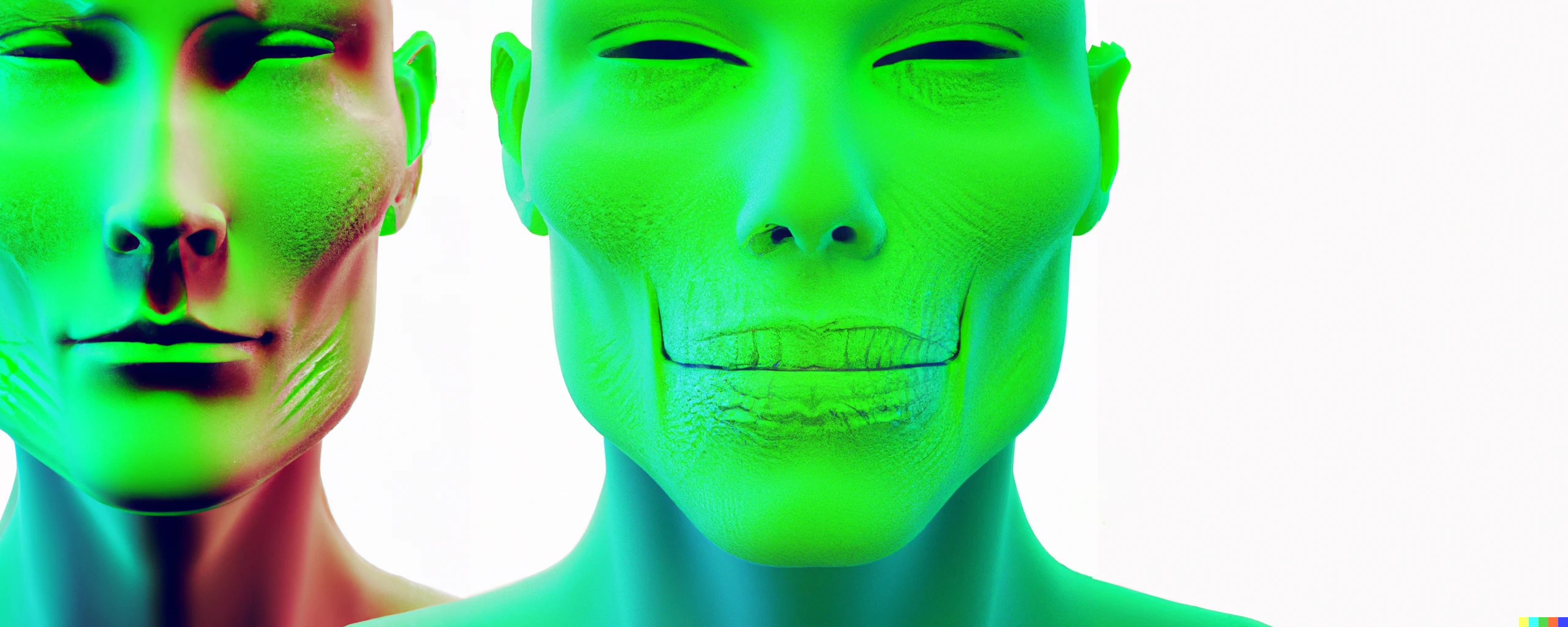 nightmare fuel dall-e generated image with the prompt "green skin, skull like face, shallow nose, thin lips"
