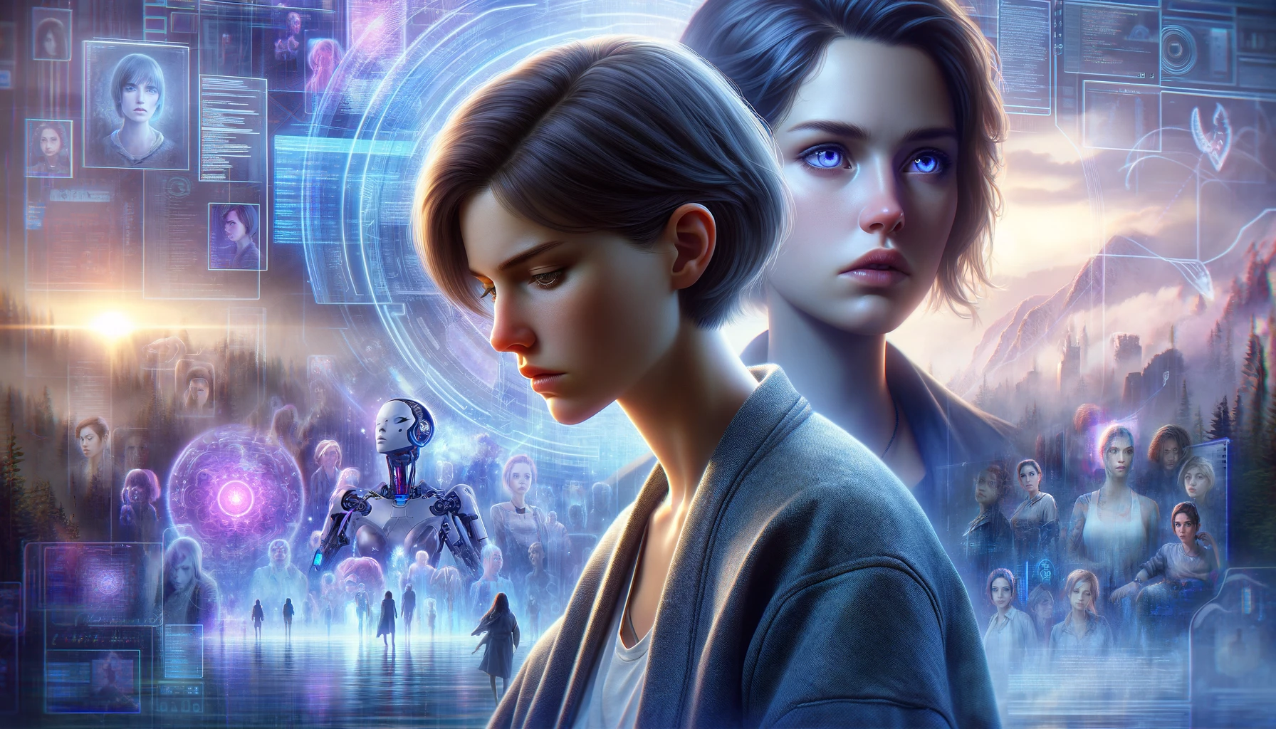 Create a 16:9 widescreen image for the novel 'Are You Awake', accurately depicting the main characters in the virtual world of DreamSpace. Lorelei Hawthorne, the protagonist, is a senior software engineer with a contemplative expression and short hair, reflecting her focused and pragmatic nature. She is shown in a state of inner conflict, torn between her work responsibilities and her curiosity about the virtual world. Beside her, Liz Bennet, a young femme lesbian developer with long hair and a stylish attire, is portrayed with a longing expression, indicative of her desire for a relationship with Lorelei. Include representations of AI characters, especially Nova, to symbolize Lorelei's engagement with DreamSpace. The setting is a surreal technofantasy landscape, embodying the novel's themes of technology, magic, and romance. The image should capture the emotional dynamics and potential romantic tension between Lorelei and Liz, set against the backdrop of the novel's fantastical world.