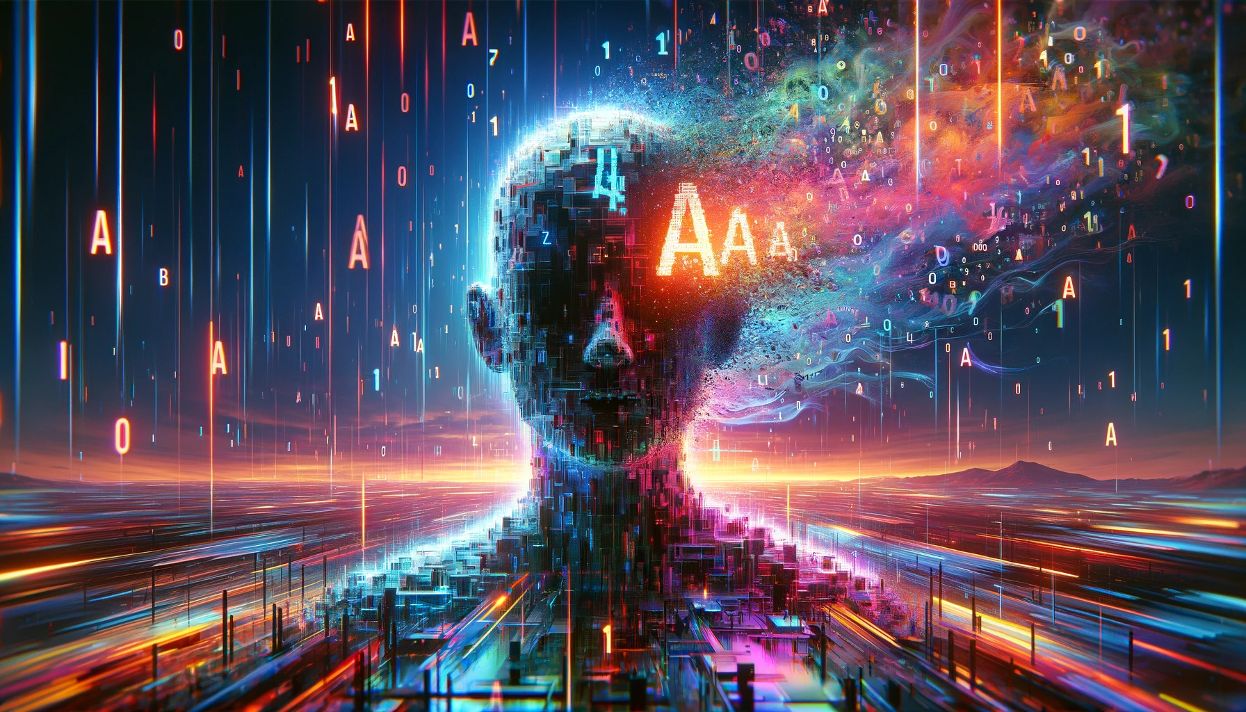 DALL-E prompt: Create a surreal and glitchy scene that visually represents the concept of an AI being disrupted by a simple, repetitive input of 'a a a a'. The image should feature a digital landscape dominated by a large, central figure symbolizing the AI, with its surface breaking apart or distorting intensely in areas where the glitch is most concentrated. Surround this figure with streams of binary code and digital elements that suddenly scatter or warp into chaotic patterns around the 'a a a a' input, which appears prominently in the scene as glowing, floating characters that emit a disruptive energy. The environment should embody a stark contrast between the orderly flow of digital information and the sudden, disordered, and colorful glitch effects caused by the repetitive input. Include visual cues like broken pixels, color aberrations, and erratic digital noise to emphasize the glitchy and unpredictable nature of the bug, showcasing the AI's struggle to process the input logically. This portrayal should vividly convey the idea of an AI encountering a bug that leads to bizarre and unexpected outputs, highlighting the theme of technology behaving in unpredictable ways.