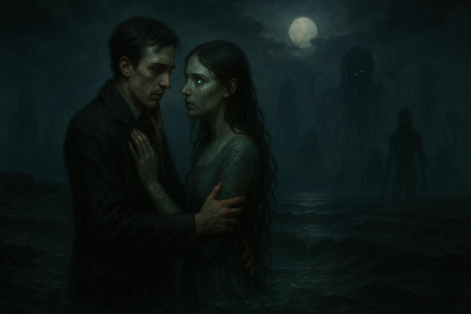 In this atmospheric painting, a pale man with hollowed cheeks and dark, wavy hair holds a woman with glowing sea-green eyes on a misty shore at night. While the moonlit scene is shadowed by turbulent waves and looming monstrous figures, their intense connection stands out, as the couple's contrasting emotions add a layer of mystery to the eerily luminous coastline.