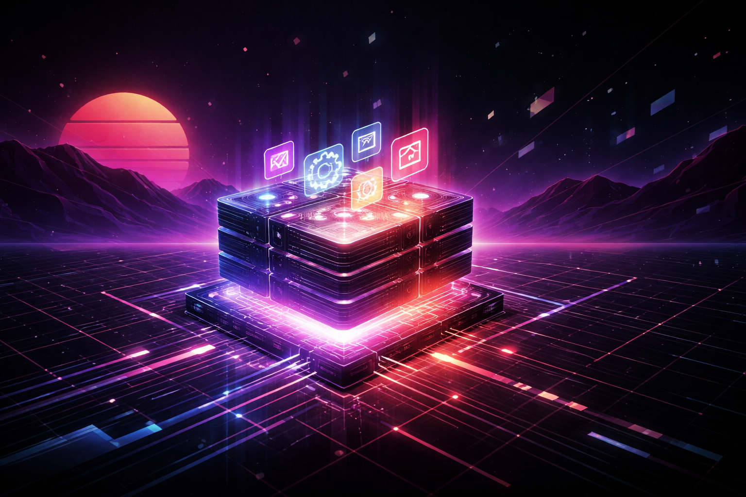 Dark abstract digital artwork of a glowing layered server-like structure on a neon grid with floating panels, purple mountains, and a retro sunset; subtle retrowave style
