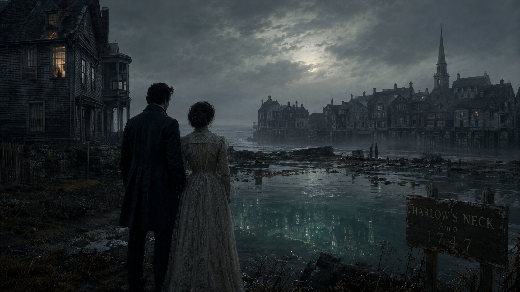 A moody gothic coastal scene showing a man and woman in vintage clothing standing beside a flooded ruin, with a dark waterfront town, a weathered house, stormy skies, and eerie submerged buildings visible beneath the water.